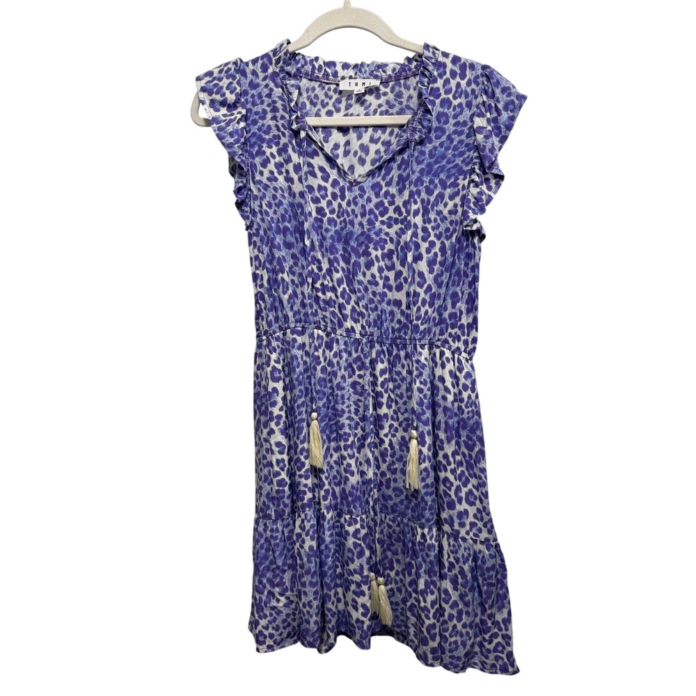THML Purple Leopard Print Tiered Mini Dress Womens S Flutter Sleeve Tassels Boho